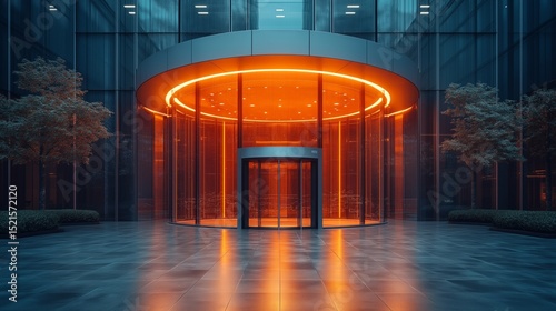 Modern Architecture Entrance: An impressive and modern architectural marvel, the entrance with its revolving door, glass facade, and glowing illumination, is captured in a photorealistic style.