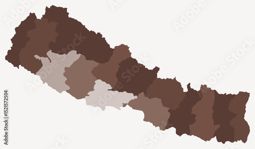 Map of Nepal with regions. Just a simple country border map with region division. Brown color palette. Blank Nepal shape with administrative division. Vector illustration.