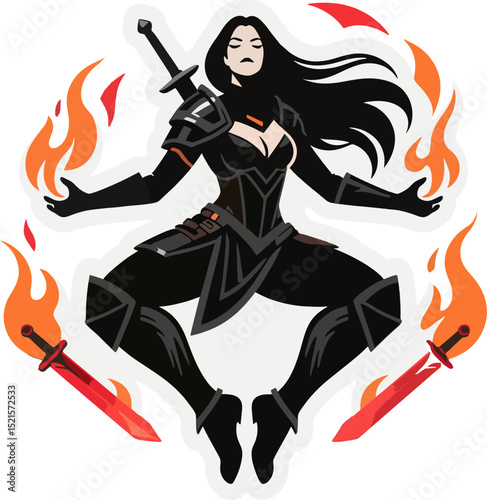 Dark Fantasy Female Warrior with Fire Magic and Floating Swords – Vector Illustration