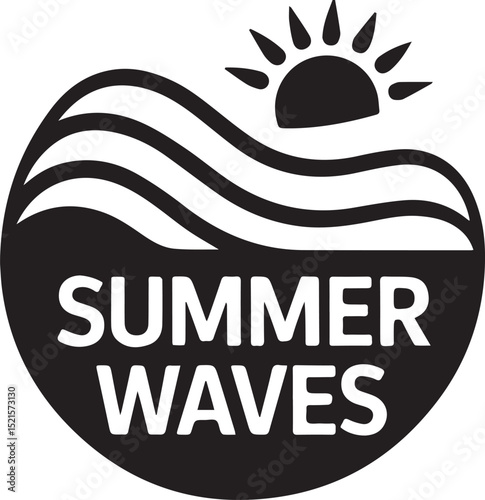 A vector illustration of a stamp and Bright and colorful text announces Summer 2025 with a backdrop of a stylized sunset, palm trees, and birds in flight.