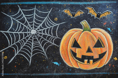 Halloween chalk ad featuring pumpkin, spider web and bats