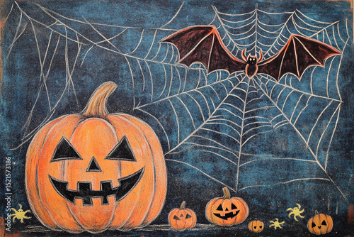 Halloween chalk ad featuring pumpkin, spider web and bats