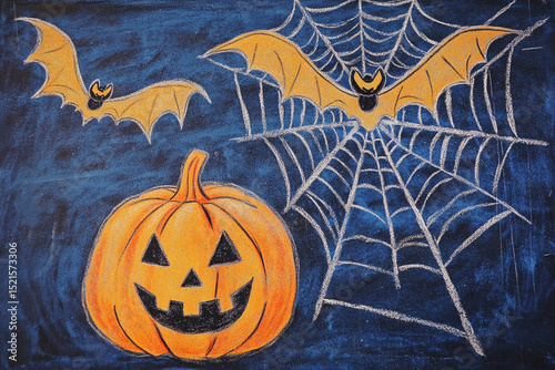 Halloween chalk ad featuring pumpkin, spider web and bats