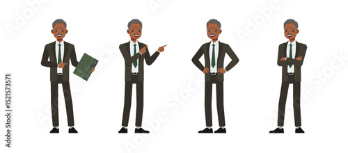 Senior businessman wear brown suit character set. Men cross arms, point finger and holding folder. Vector illustration cartoon design.