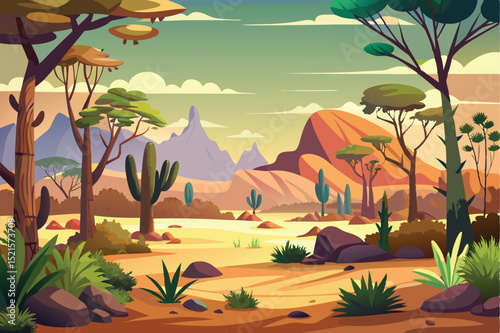 Cartoon desert landscape with cacti trees and distant mountain range