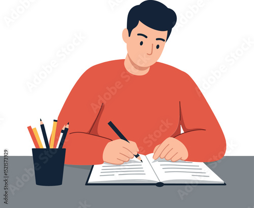 Young man writing in a notebook with colorful pencils flat vector art