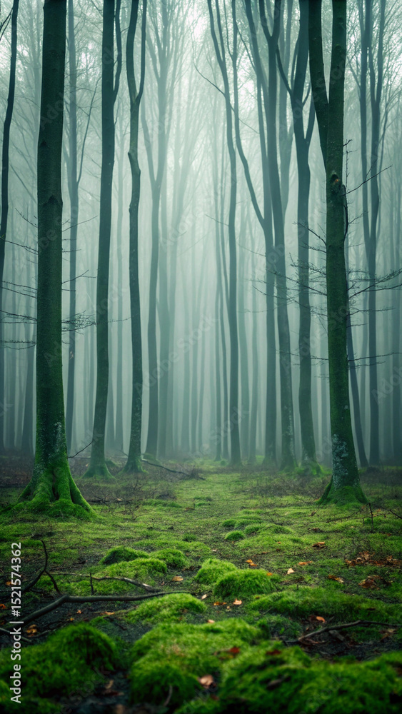 Obraz premium Atmospheric forest scene depicting tall trees in a misty green woodland environment