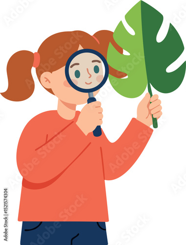 Girl holding magnifying glass examining green leaf nature exploration vector illustration
