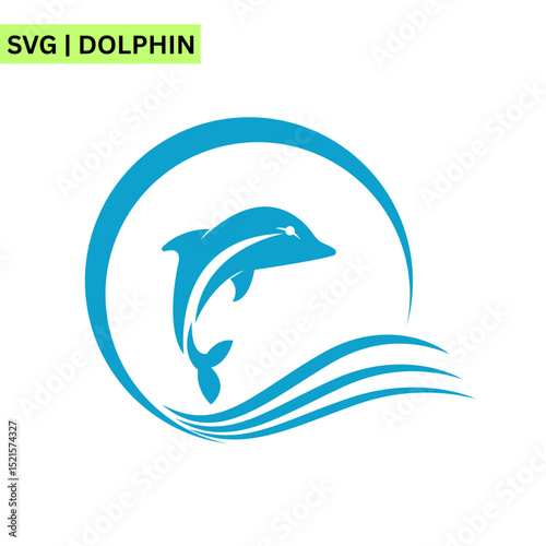 A whimsical dolphin logo template illustrating a cute dolphin leaping over ocean waves, emphasizing excitement and friendliness in a dynamic and colorful design.