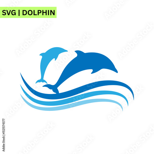 A whimsical dolphin logo template illustrating a cute dolphin splashing in the ocean, emphasizing excitement and friendliness in a dynamic and colorful design.
