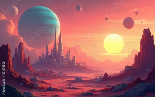 Cartoon alien landscape with planets and futuristic city at sunset. High quality