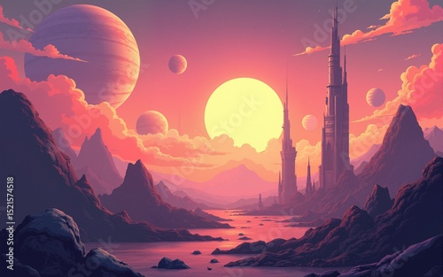Cartoon alien landscape with planets and futuristic city at sunset. High quality