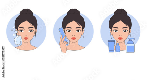 Woman demonstrating skincare routine steps in illustrated style,  Suitable for cosmetics and skincare brands, step-by-step Korean care, beauty bloggers, article illustrations,copying place