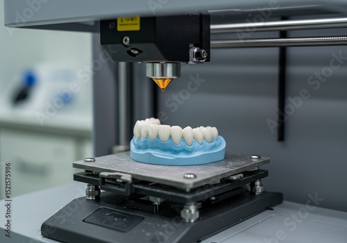 3D printer creating dental prosthesis. Modern dentistry technology and biomedical engineering for implant manufacturing.
