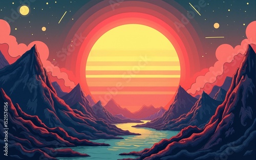 A retro-styled science fiction scene featuring mountains and an alien sun, illustrated in a drawing style and generated using AI, is available as stock. High quality