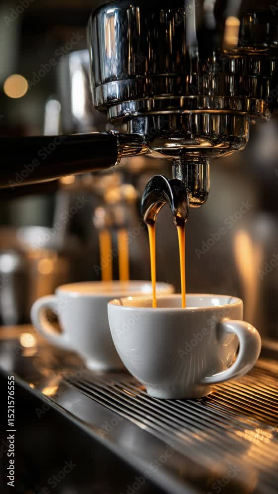 close up professional coffee machine pouring coffee into cups at cafe