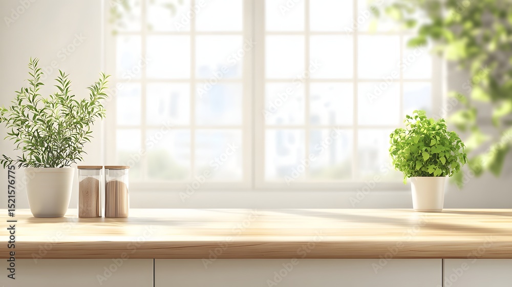 Fototapeta premium Modern kitchen background, minimalist white cabinets, wooden countertop.