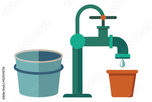 A cartoon image of a faucet dripping water into a bucket with another