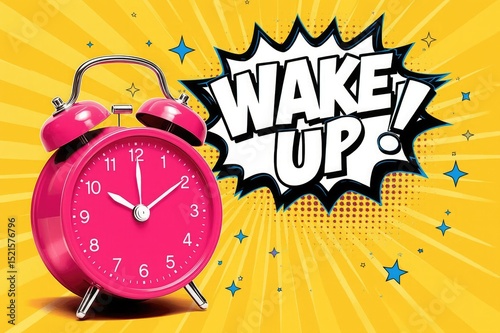 Pink alarm clock with wake up comic speech bubble