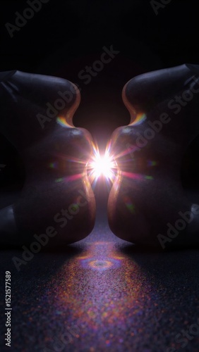 Abstract shapes connecting with bright rainbow light and reflections