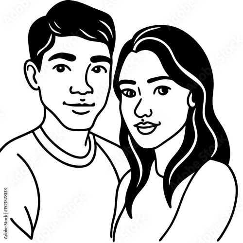 Vector silhouette illustration of a young couple in love, black person profiles with heart design