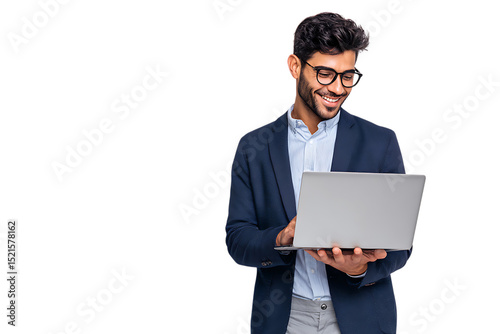 Smiling businessman working on laptop