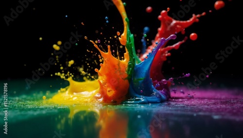 Dynamic Rainbow Paint Splash on Dark Background with Reflection