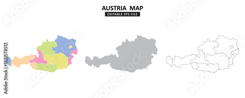 Austriya map variations are colour coded by regions, solid grey silhouette and outlined with regional borders.