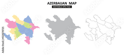 Azerbaijan map variations are colour coded by regions, solid grey silhouette and outlined with regional borders.