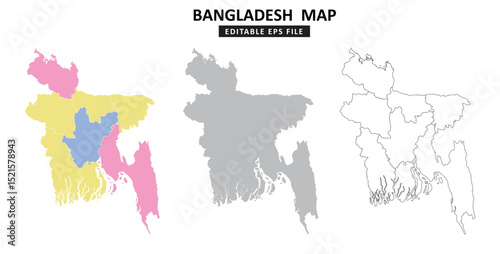 Bangladesh map variations are colour coded by regions, solid grey silhouette and outlined with regional borders.