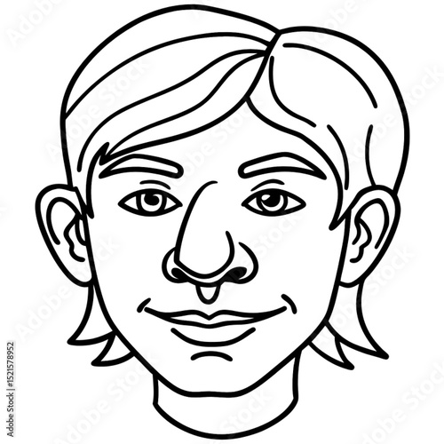 Cartoon vector illustration of a smiling boy's face with expressive eyes and hair, a cheerful character sketch