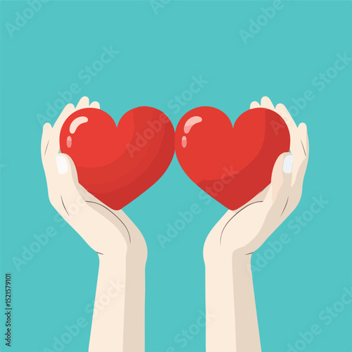 Professional Hands Holding Red Heart on Turquoise Background for Healthcare Concept