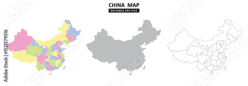 china map variations are colour coded by regions, solid grey silhouette and outlined with regional borders.