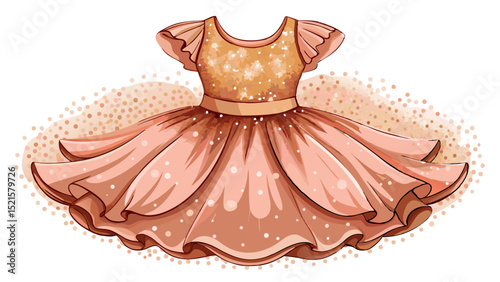 A rose gold sequin dress sparkles in a white background close-up, featuring flutter sleeves and a soft tulle skirt — perfect for dazzling party-themed vector illustrations of little girls.