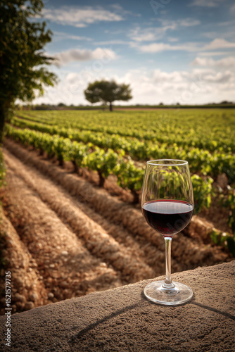 A glass of wine in a Bordeaux vineyard in a rustic and peaceful setting.