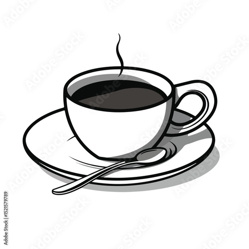 Elegant Hot Coffee Cup with Spoon in Monochrome Design for Creative Projects