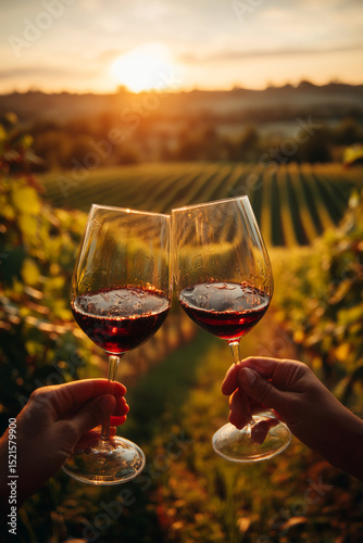 A glass of wine in a Bordeaux vineyard in a rustic and peaceful setting.