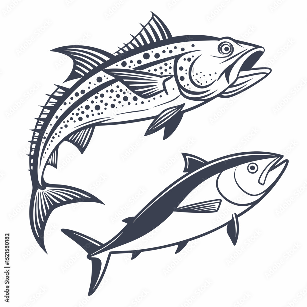 Fototapeta premium A set of aquatic animal vector illustrations, featuring swimming marine fish on a white background