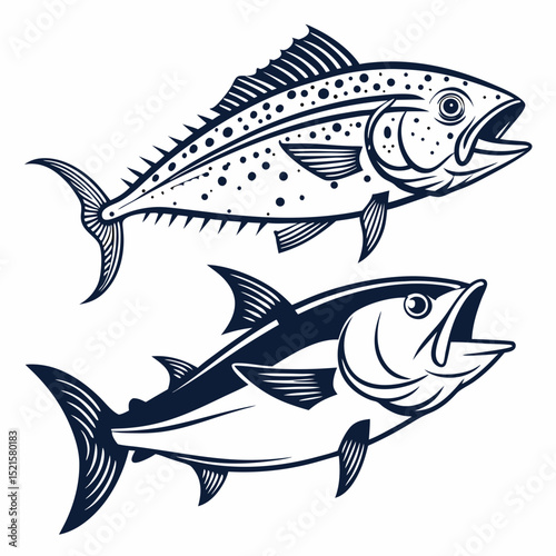 Set of isolated fish vector illustrations on a white background, perfect for seafood and fishing designs, tuna fish
