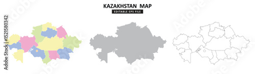 Kazakhstan map variations are colour coded by regions, solid grey silhouette and outlined with regional borders.