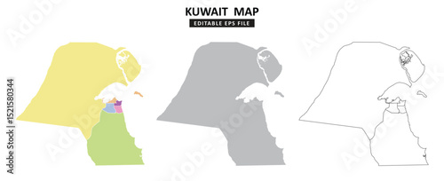 Kuwait map variations are colour coded by regions, solid grey silhouette and outlined with regional borders.
