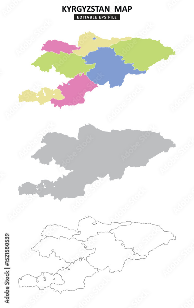 Fototapeta premium Kyrgyzstan map variations are colour coded by regions, solid grey silhouette and outlined with regional borders.
