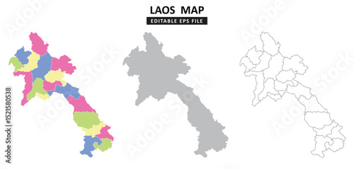 Laos map variations are colour coded by regions, solid grey silhouette and outlined with regional borders.