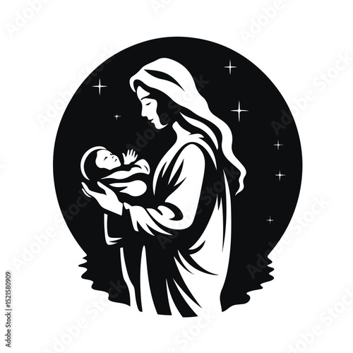 Mary Virgin Manger Silhouette Icon Vector Illustration for Religious Designs