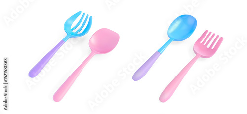 3D Elegant Cutlery Set with Gradient Lighting on a Transparent Background