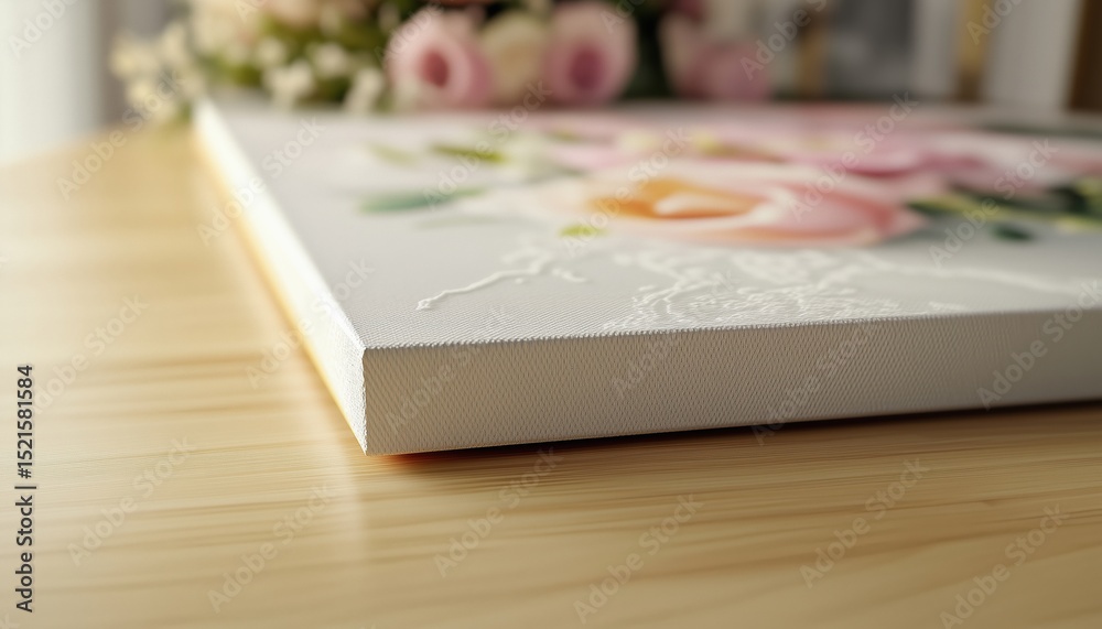 Printed Wedding Photo On Canvas With Gallery Stretch On A Wooden Frame. Close-Up Shot From The Lateral Side With Selective Focus. Displayed On Wooden Table. Printed Wedding Photo On Canvas With Gallery Stretch On A Wooden Frame. Close-Up Shot From The Lateral Side With Selective Focus. Displayed On Wooden Table.