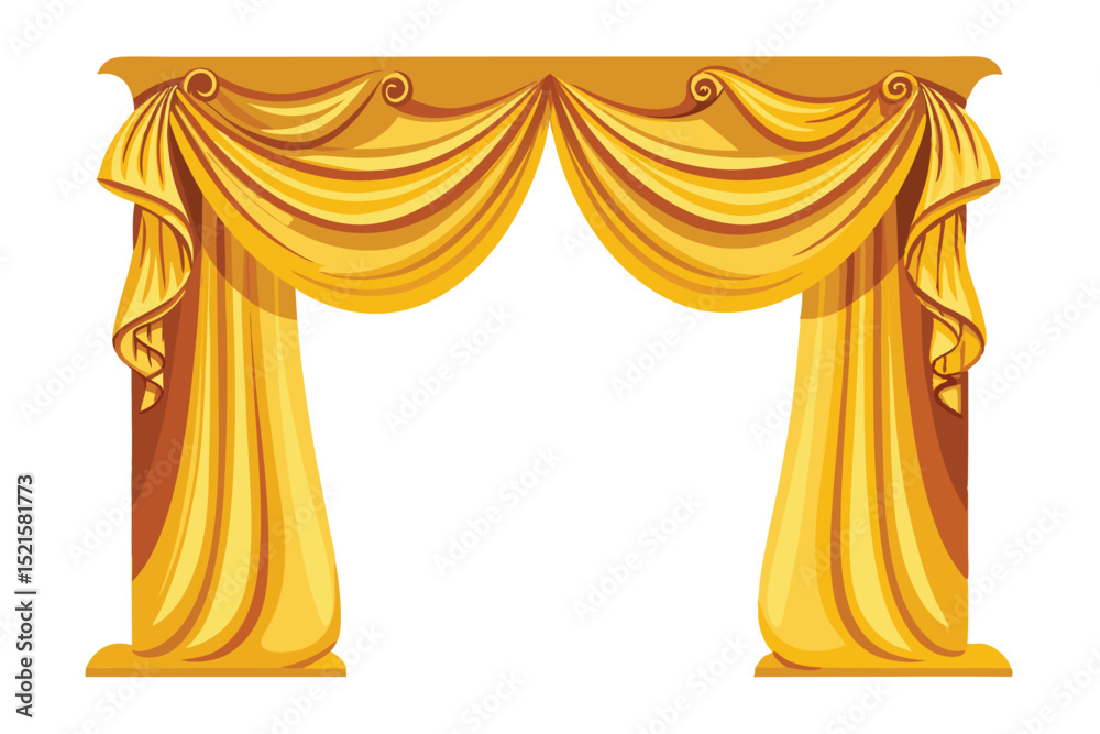 Illustration of a golden yellow curtain with draped fabric design