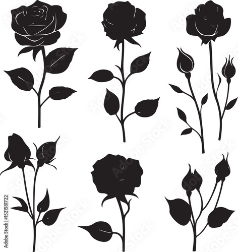 Silhouette of three black roses with thorns and leaves