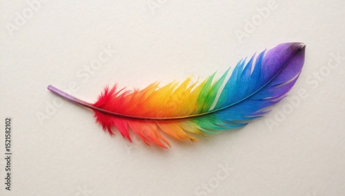 Single feather painted with vibrant rainbow colors on light background
