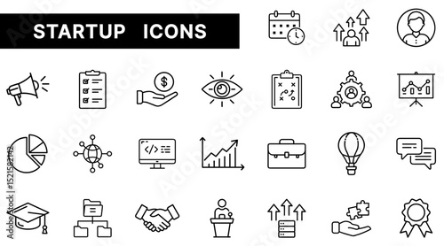 Startup Business Outline Icons Set Featuring Planning, Investment, Growth, Networking, and Innovation Concepts